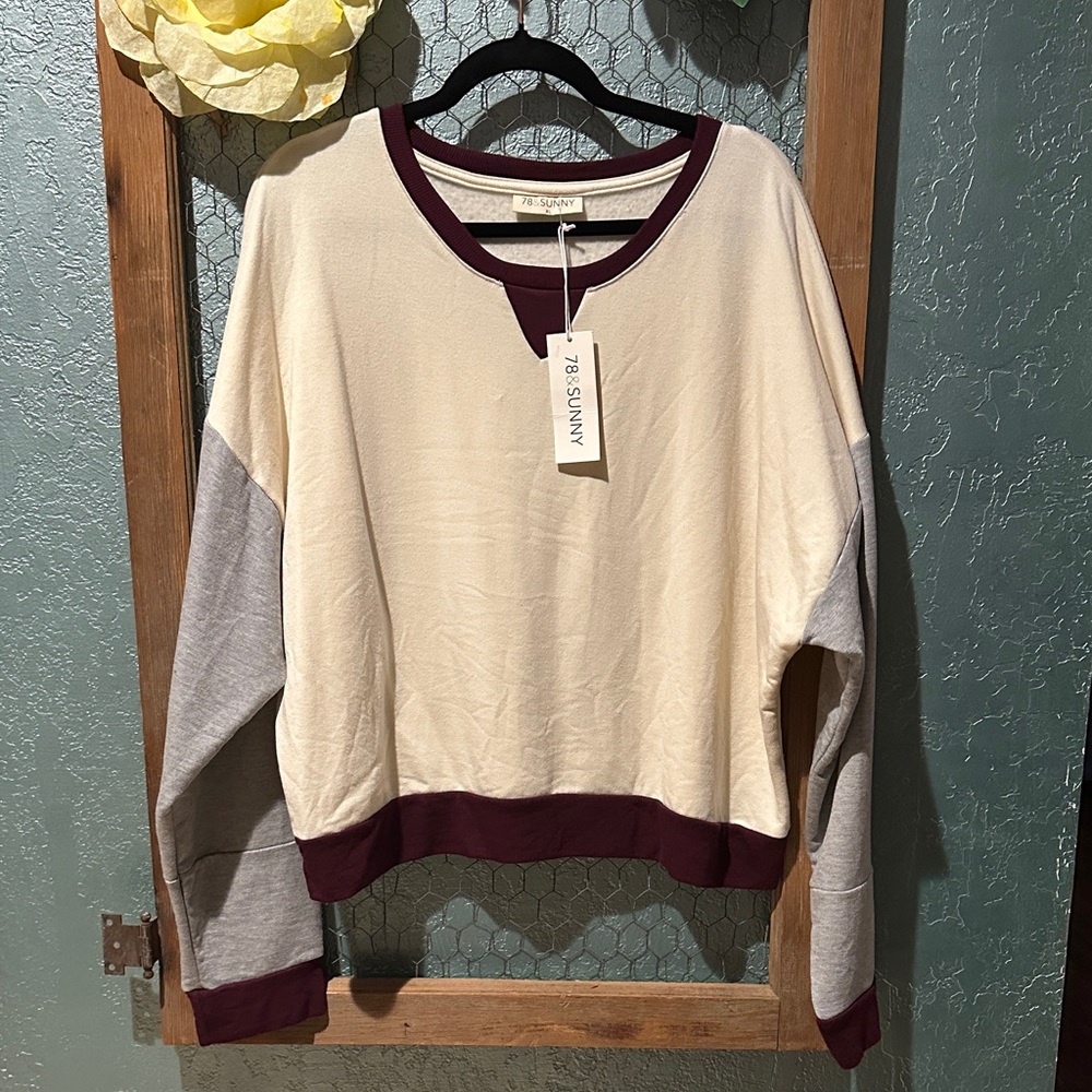 78 & Sunny Cream, Gray, and Burgundy Colorblock Sweatshirt